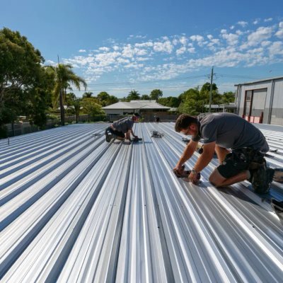 Arden Projects roofers working on an industrial warehouse roof in Brisbane